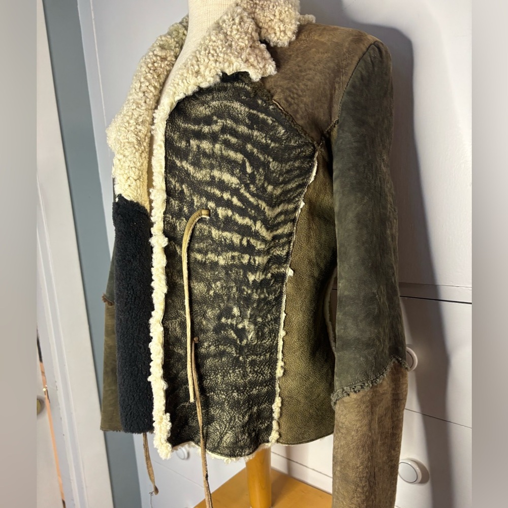 Vintage Patchwork Leather Jacket With Shearling - image 3